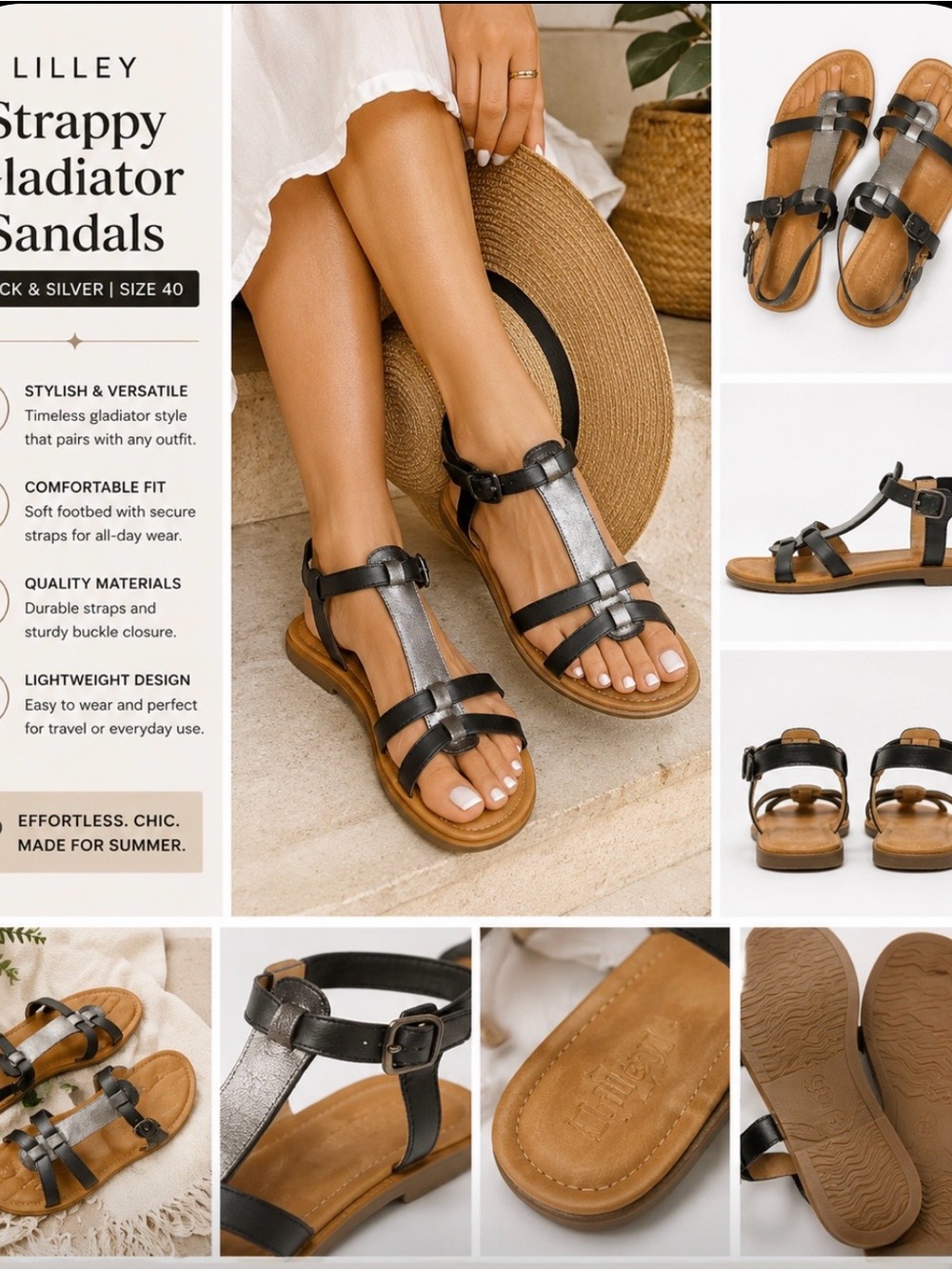 Lilley strappy gladiator sandals black and silver size 40
